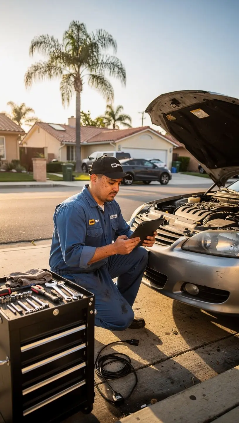 Technik naprawiający samochód na poboczu drogi podczas awaryjnej naprawy w Los Angeles.